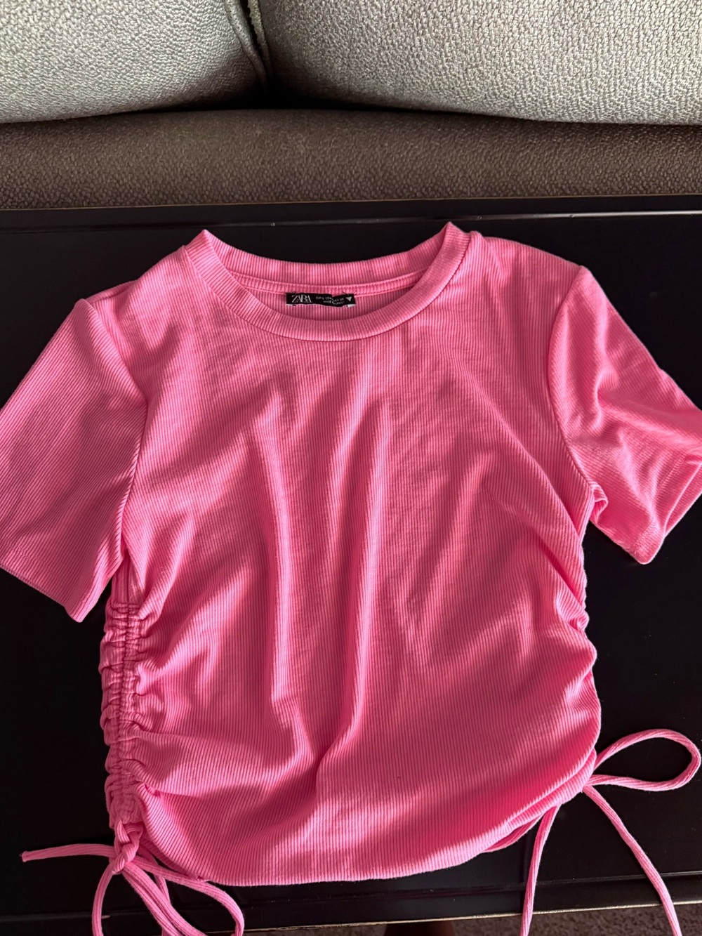ZARA Pink Side-Tie Ribbed Tee
